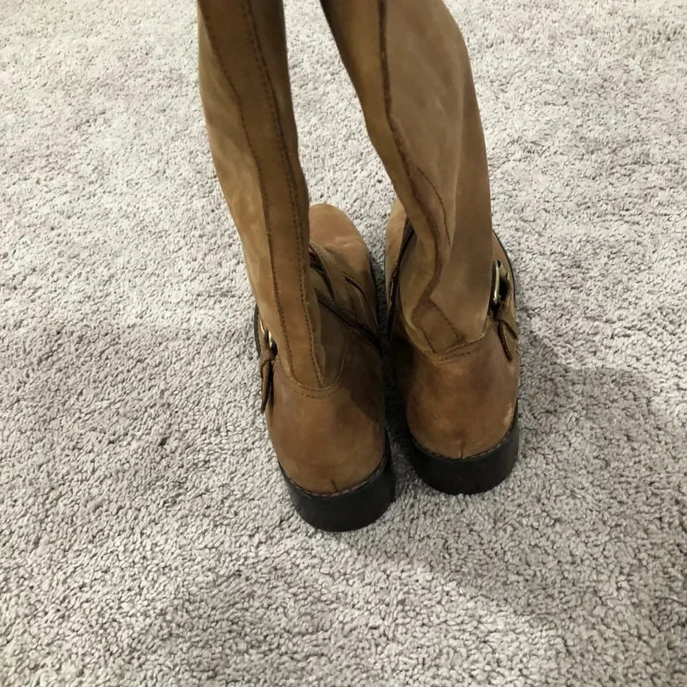 Eddie Bauer Tan Nubuck Leather Tall Riding Boots with Buckle and Lug Sole